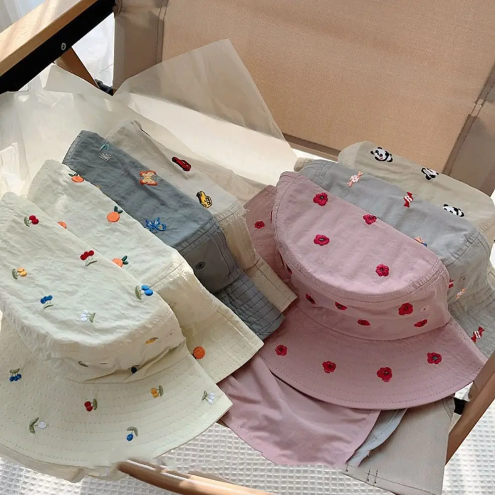 

Cute Cartoon Embroidery Children Panama Cap Quick-dry Neck Protection Kids Bucket Hat Wide Brim Sunscreen Baby Sun Hat Summer