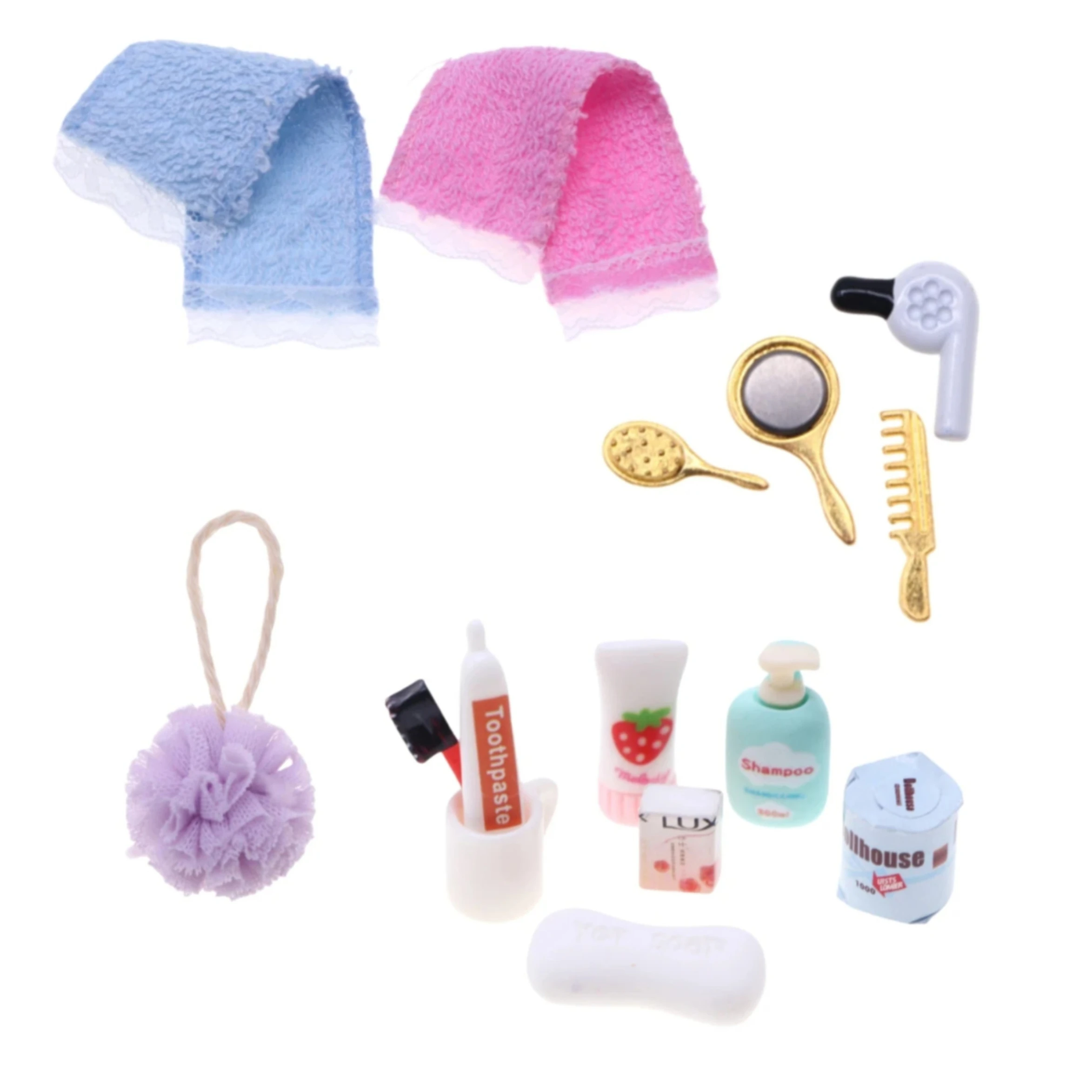 Kit de accesorios de baño en miniatura para casa de muñecas, simulación de secador de pelo, peine, pasta de dientes, cepillo de dientes, Mini toalla, bola de baño, Gel de ducha, jabón