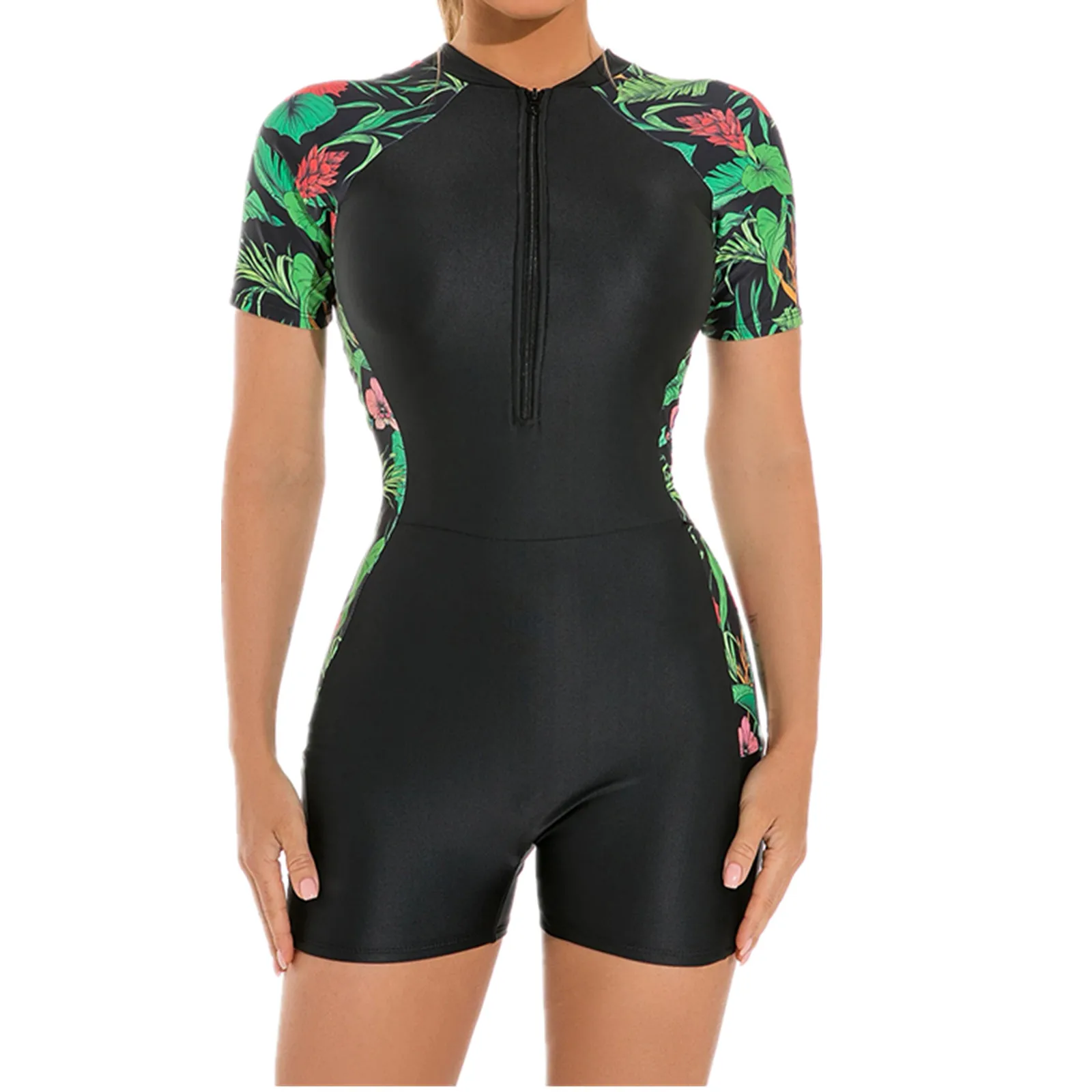 Womens Short Sleeve Swimsuit Rash Guards Wetsuit Floral Print Zipper Surfing Diving Swimming Jumpsuit Swimwear Bathing Suit