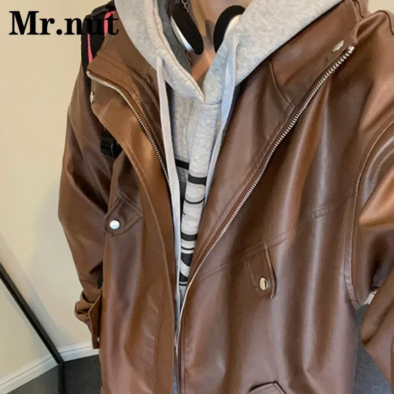 Mr.nut Men\'s Autumn Winter Soft Leather Motorcycle Clothing Windbreak Bomber Jacket Camping Waterproof Biker Jackets Man Coat