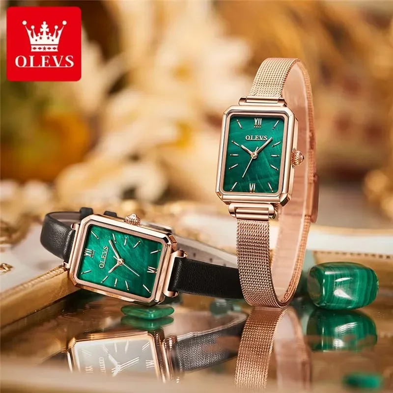 OLEVS Brand Women Watches Fashion Square Ladies Quartz Watch Bracelet Set Green Dial Simple Rose Gold Mesh Luxury Women Watches