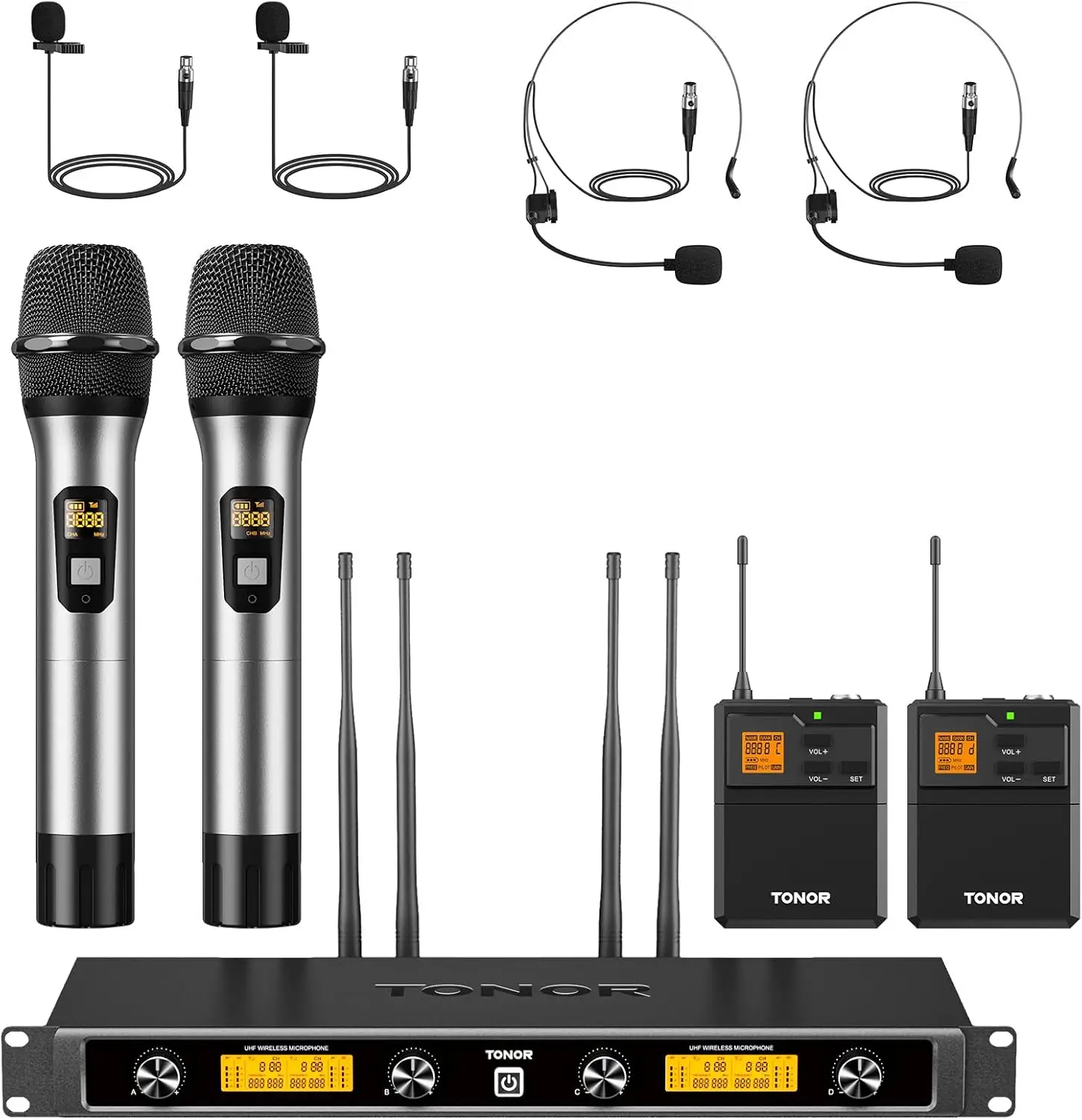 

Wireless Microphones System with Metal 2 Cordless Mic and 2 Headset Lapel Lavalier Mic Bodypack Transmitter Receiver