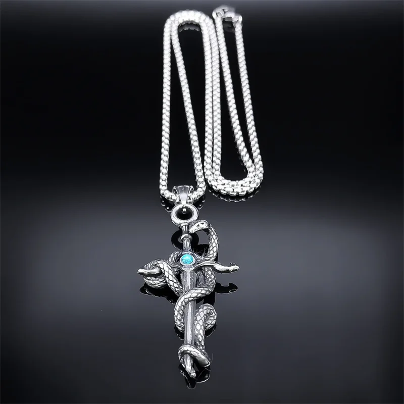 Retro Snake Sword Dagger Charm Pendant Necklace for Men Stainless Steel Gothic Antique Animal Necklaces Rock Punk Jewelry Gifts