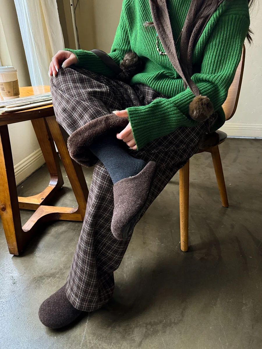 

Thiened Fce Warm Retro Cheered Color Woven Elastic Waist Casual Pants Slimming Effect Straight Leg Fit All Seasons