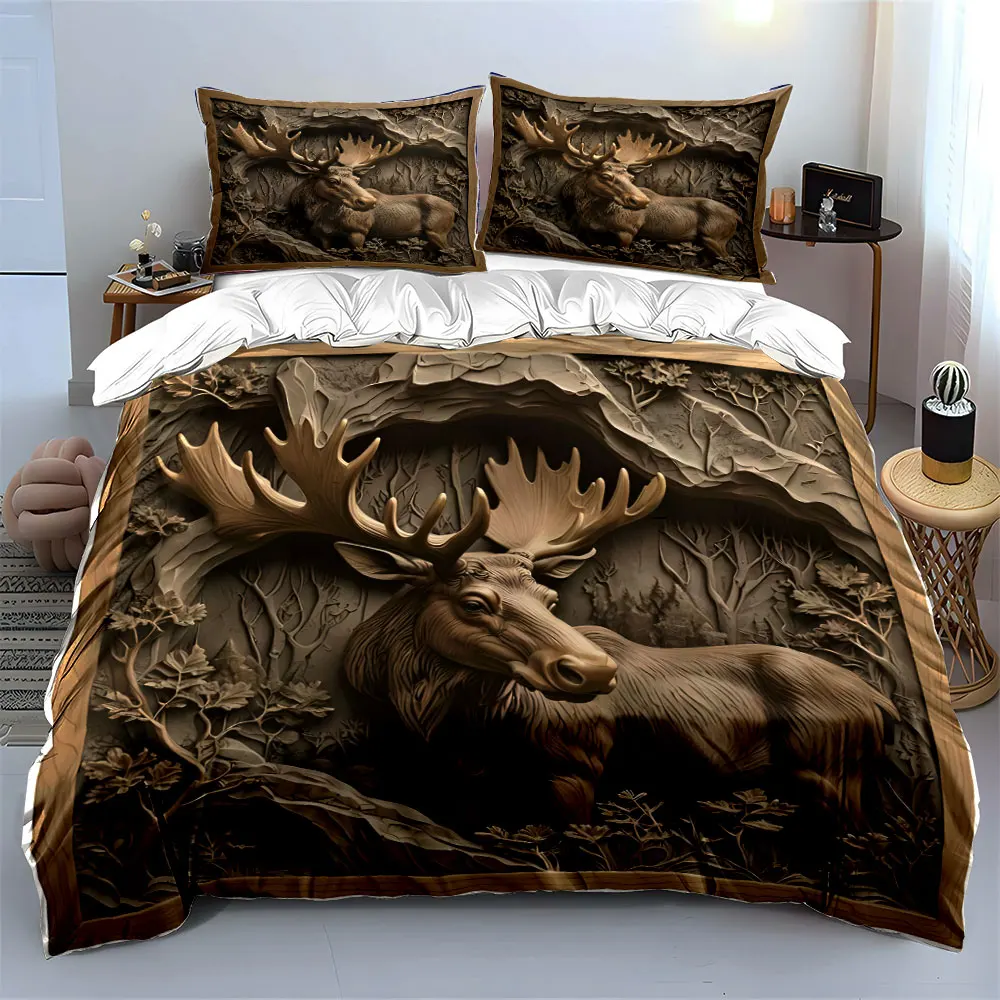 Wooden moose carving in forest Pattern Duvet Cover Set Digital Print Colorful Polyester Bedding with Zipper Closur for kids gift