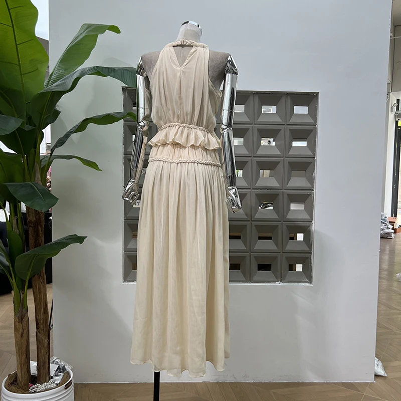 KBQ Spliced Folds Set for Women Round Neck Sleeveless Tunic Tops High Waist Spliced Folds Loose Long Pants Chic Set Female New