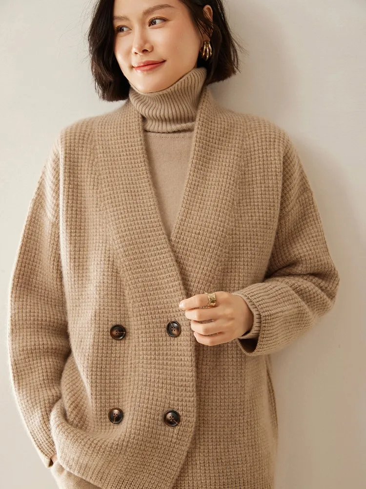 

New Chic Women 100% Cashmere Sweater V-neck Cardigan Casual Simple Style Cashmere Knitted Coat Autumn Winter Thick Warm Clothing