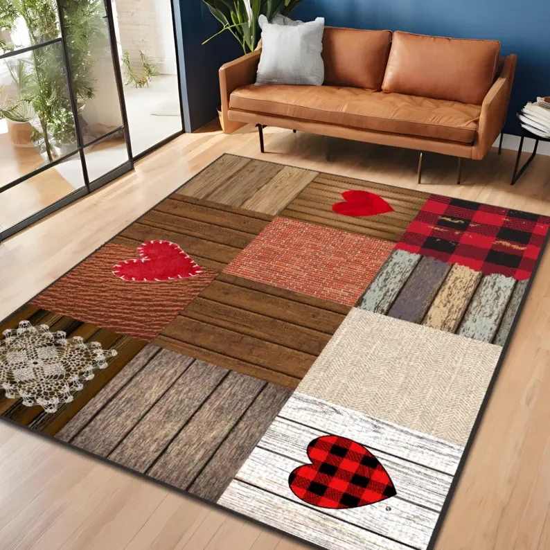 الأحمر القلب المرقعة البساط الدنيم نسيج متماسكة نظرة السجاد الجينز خليط منقوشة السجاد الرجعية رومانسية عيد الحب ديكور حصيرة #2