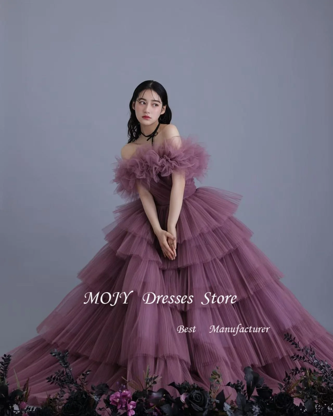 Mojy Luxe Galajurk Druif Paars Koreaanse Trouwjurken Gelaagde Aangepaste Avondjurken Japans Off Schouder