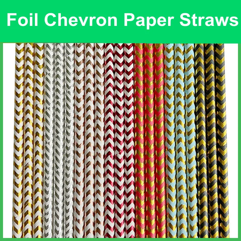 100 Pcs Red Foil Chevron Paper Straws,Metallic Zig Zag Wave Christmas Valentine Patriotic 4th of July Holiday Party Drinking