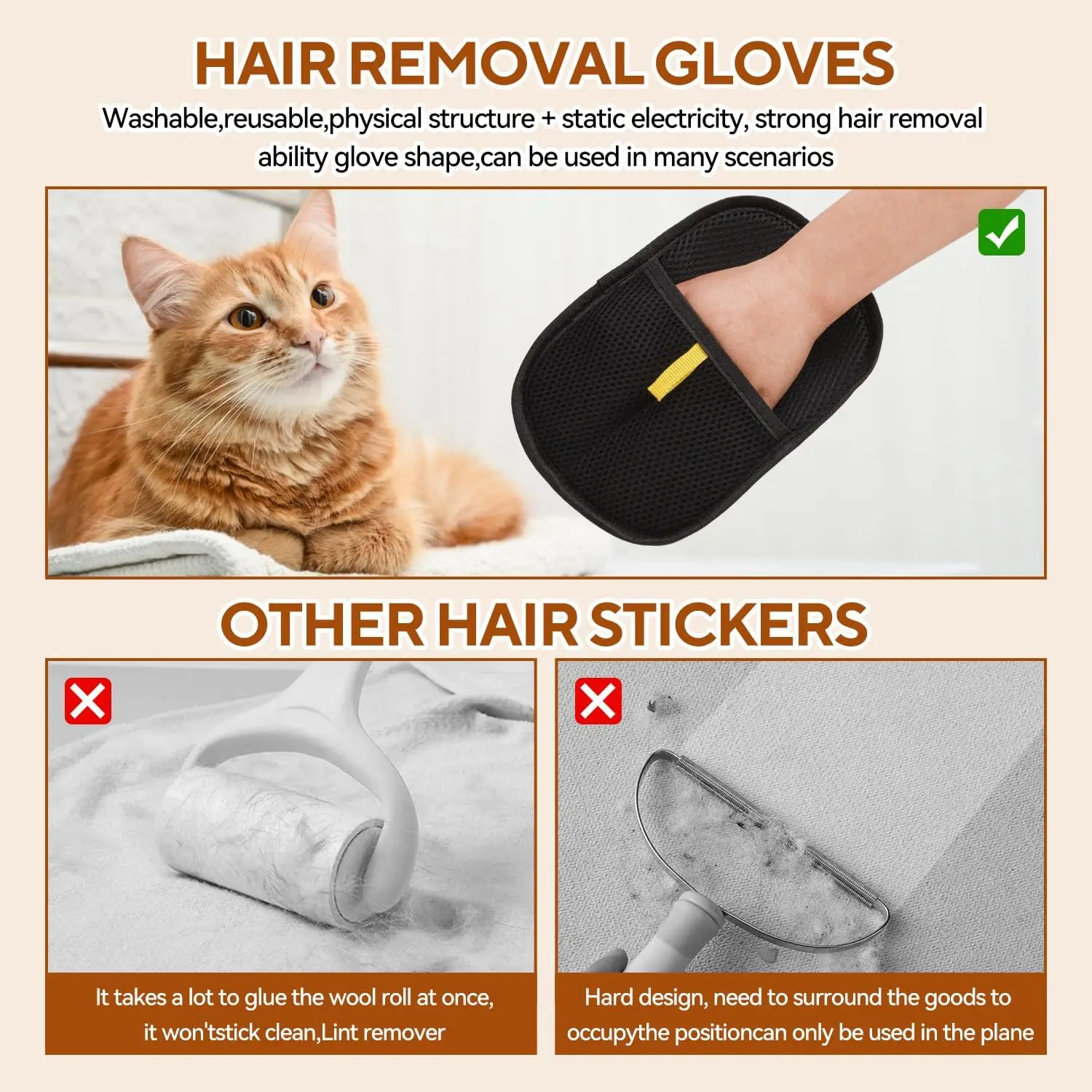 Pet Hair Removal Tool Reusable Static Removal Gloves, Double-Sided Grooming Gloves for Pets, Removes Pet Fur Hair for Carpets
