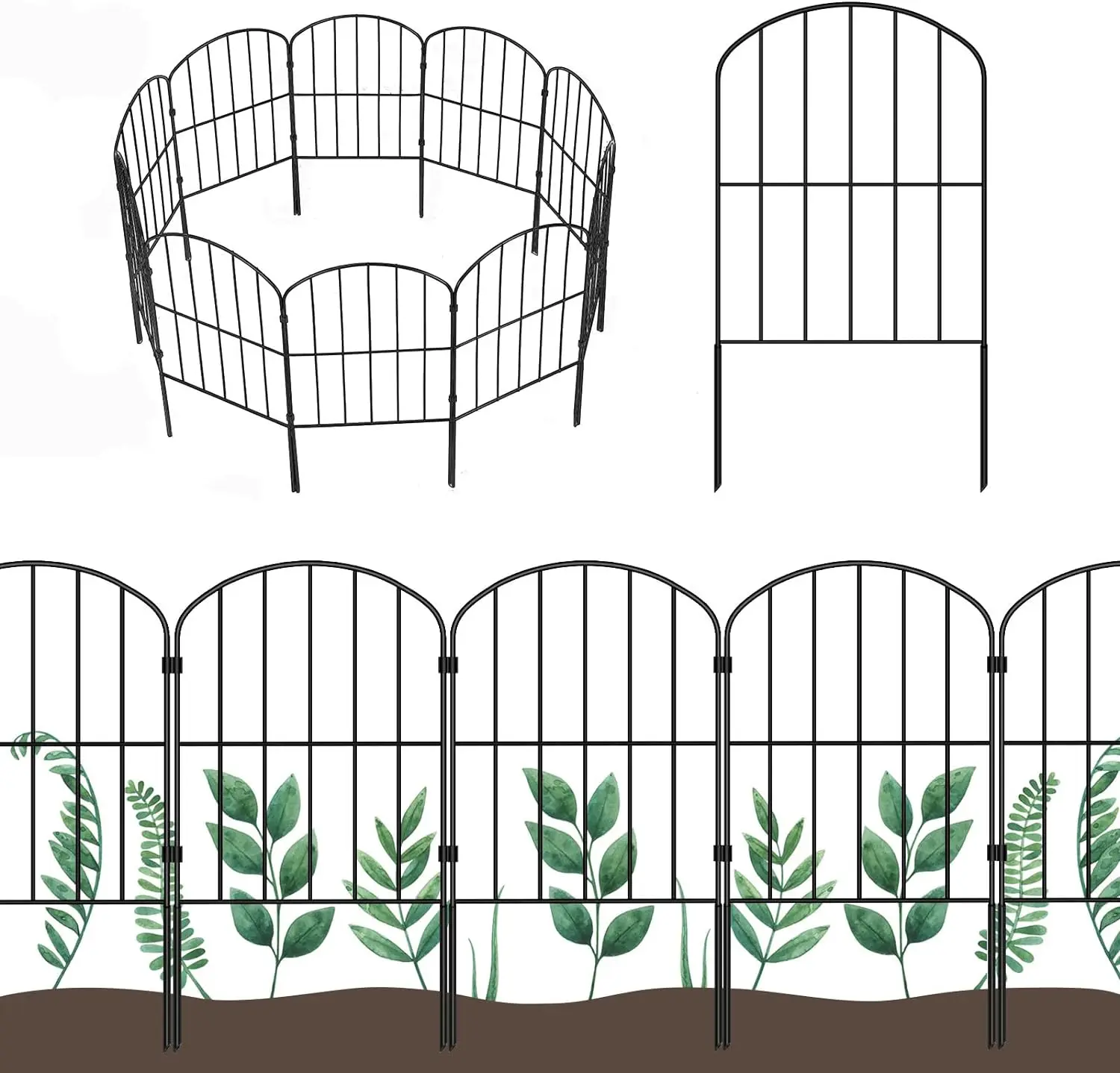 Decorative garden fence with 10 panels, rust resistant metal wire boundary, dog animal barrier