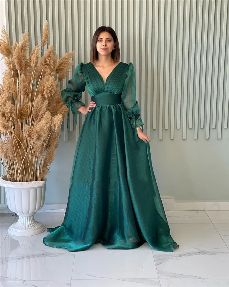 Private Custom Simple Long Sleeves Prom Dresses Modest V Neck Organza Formal Evening Gowns Arabic Women Robe de mariage