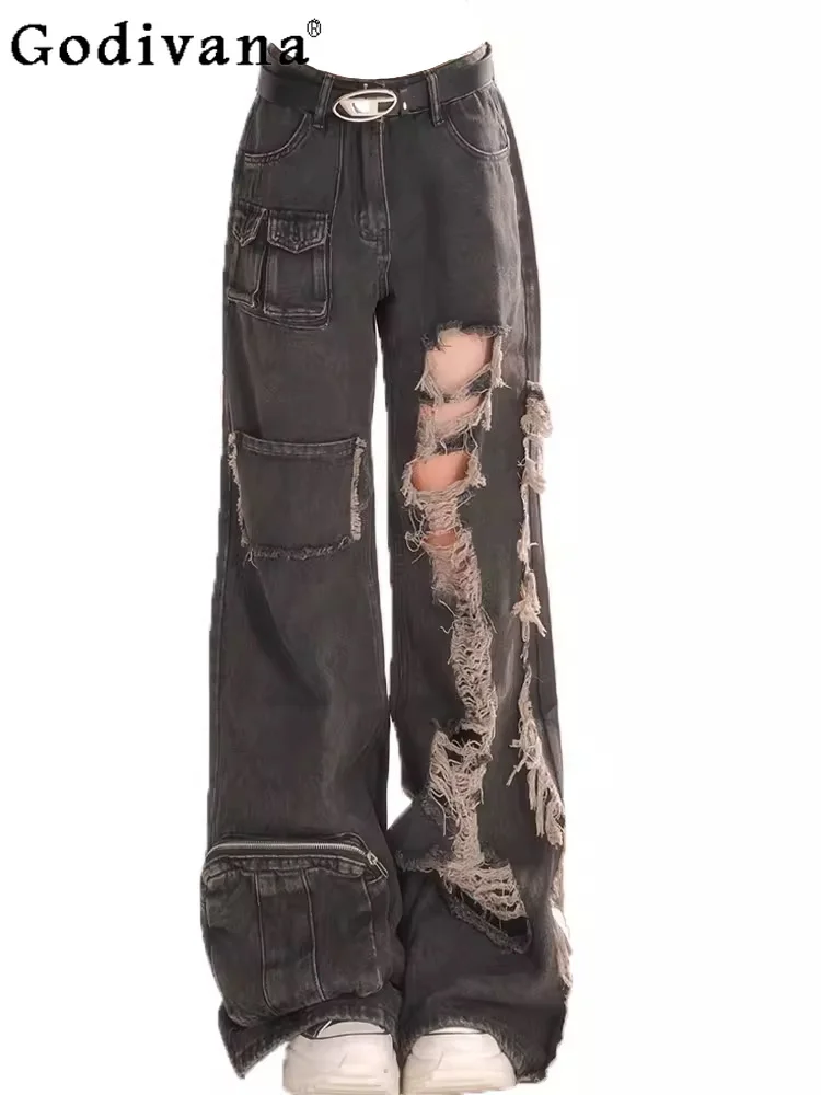 

Large Size American Retro Black Gray Fashion Leisure Ripped Jeans Girl Spring Summer High Waist Subculture Y2k Wide-leg Pants
