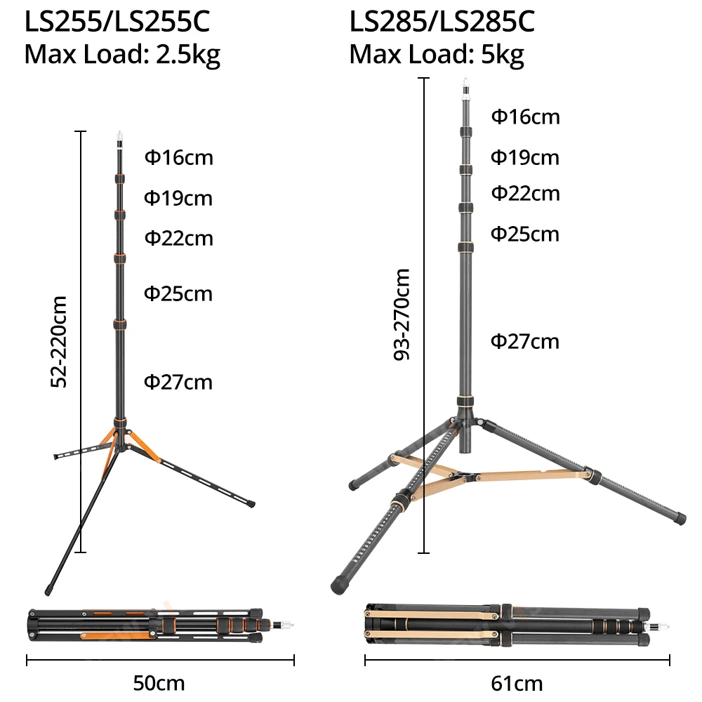 QZSD LS-255 Reverse folding light stand Photography outdoors Portable tripod 2.2m aluminum alloy Carbon fiber light stand