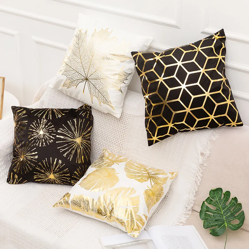Cozy Golden Leaf Bronzing Printed Throw Pillow Covers for Living Room, Bed, and Sofa -18x18 Inch Square Pillow Cases - Home Deco