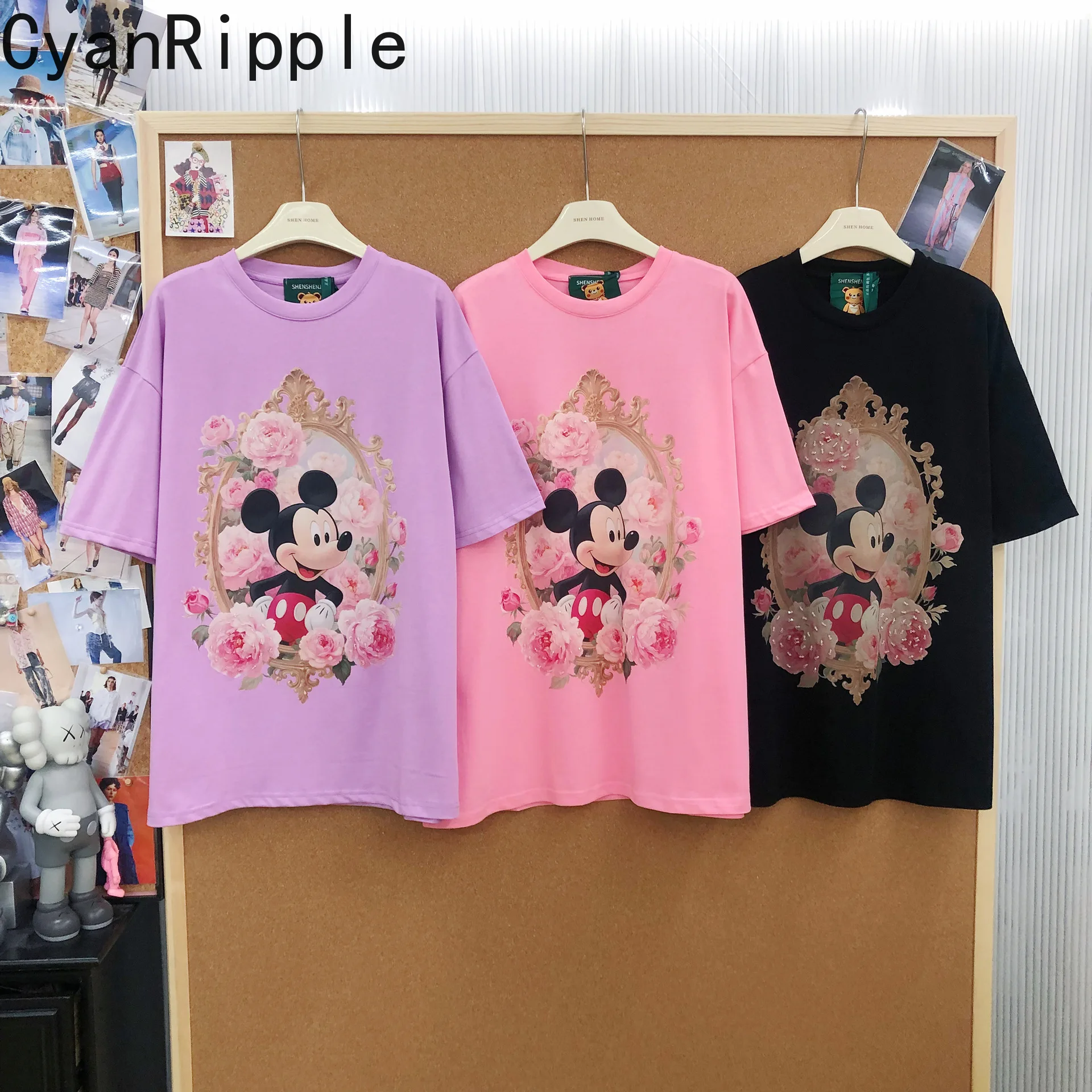 

Fashion Spring Summer Loose Women Short Sleeve T-shirt Cute Mickey Printed Beads Pullover Top Mid-long Casual Students Tees