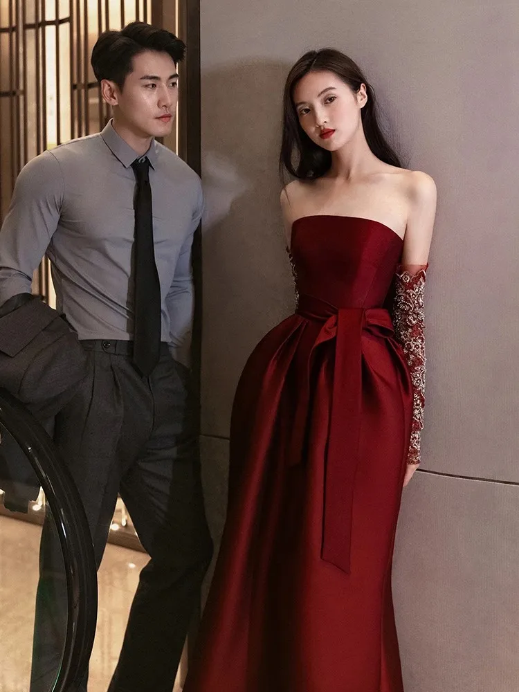 Evening Dress Women's Light Luxury Minority Wine Red Host Banquet Tube Top Satin Fishtail Toast