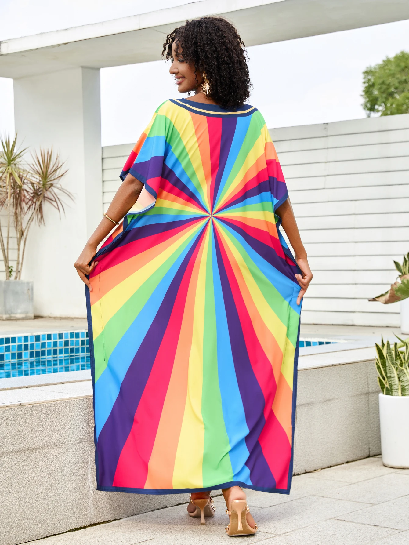 Loose Women Rayon Printed Kaftan Maxi Robe Summer Seaside Bikini Swimsuit Cover Up