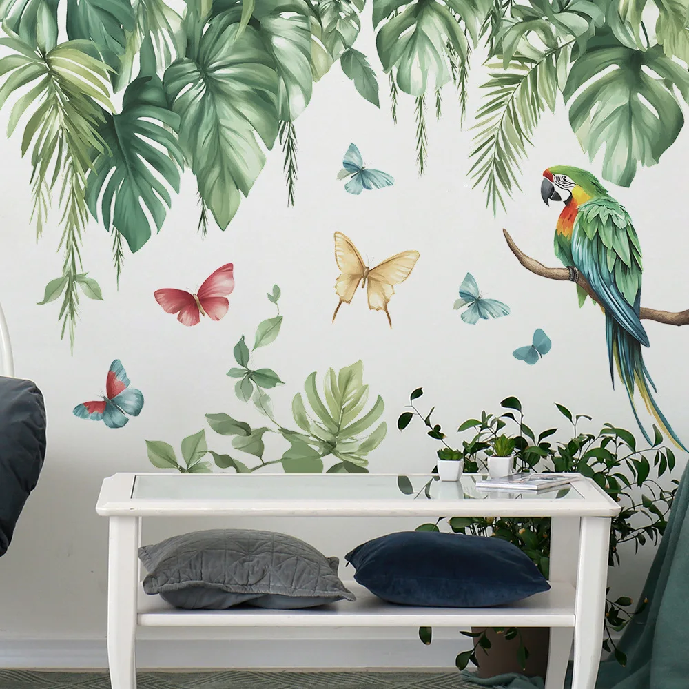 Palm Leaf Green Plant Parrot Butterfly Wall Sticker Tropical Plant Leaves Decals for Living Room Bedroom Home Wall Decoration