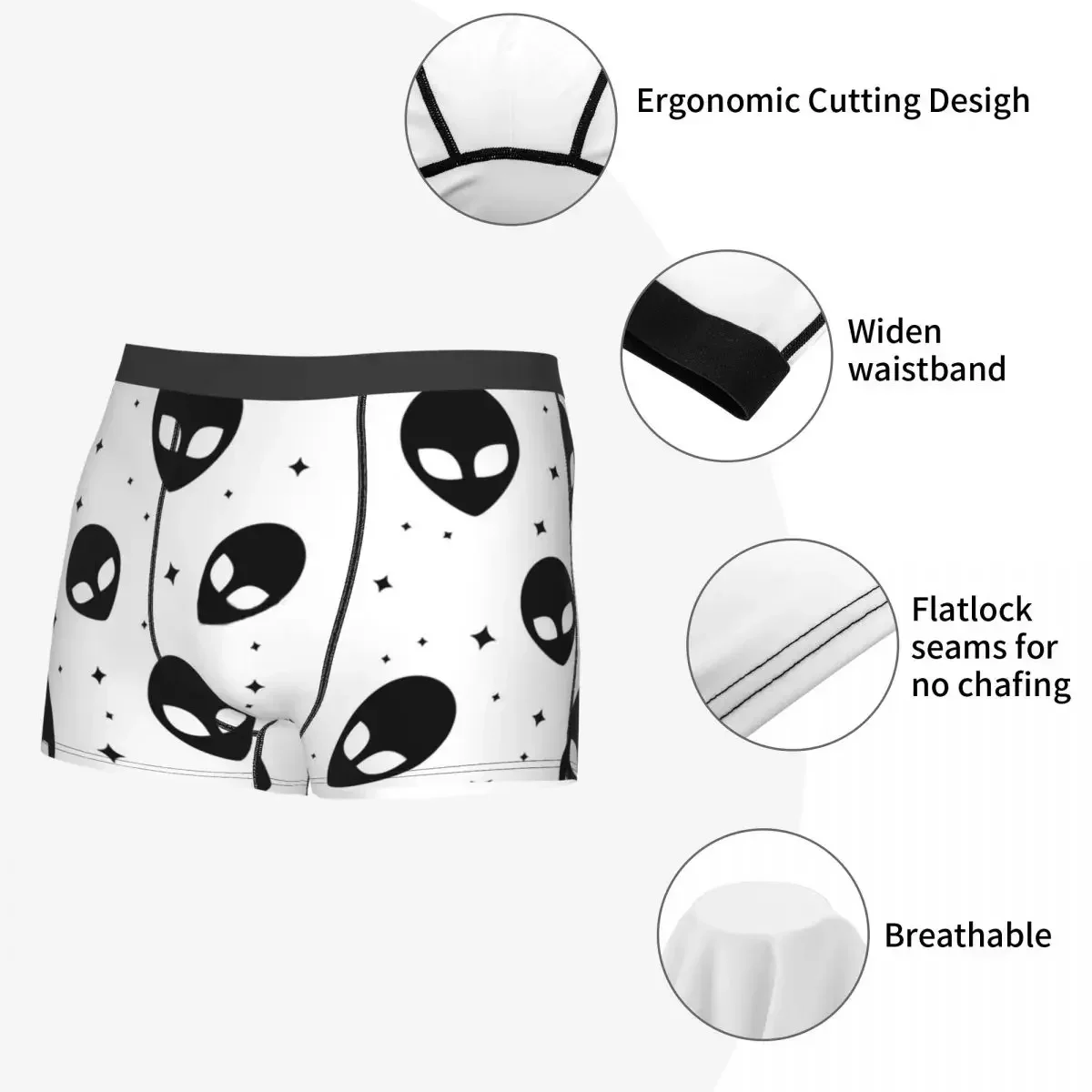 Cuecas com padrão alienígena preto e branco, cuecas masculinas, shorts estampados, cuecas boxer, calcinha