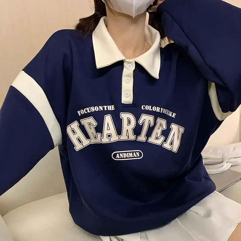 Versione coreana lettera minimalista stile College maglione con collo a Polo a contrasto per donna Ins autunno giacca con risvolto allentato abbigliamento