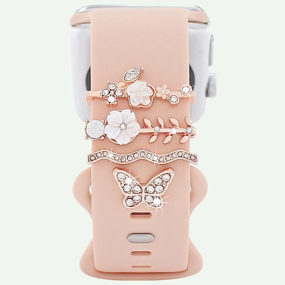 4pcs Butterfly Flower Watchband Ring Loops Nails Studs, Cute Rhinestone Watch Strap Charms Decorations For Iwatch Watchband