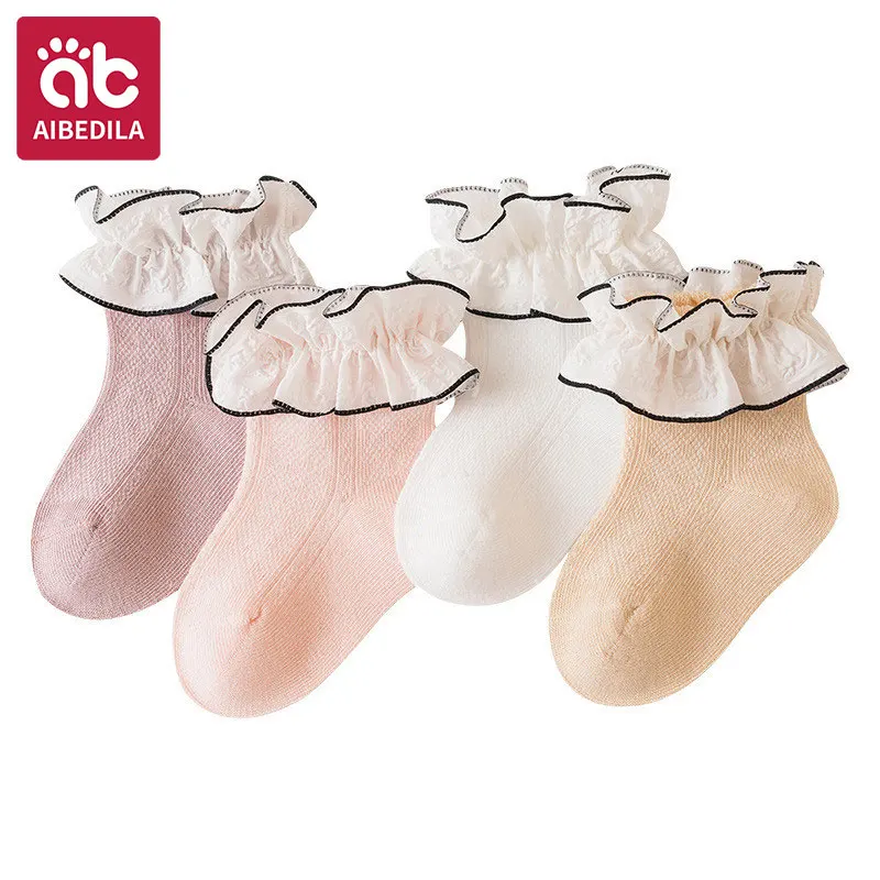 AIBEDILA Breathable Mesh Baby Socks for Infants Summer Thin Lace Ruffle Princess Design Newborn Girls Socks Class a Toddler Foot