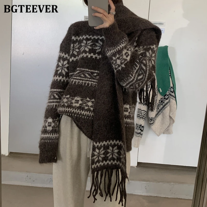 BGTEEVER شيك خمر الدافئة فضفاضة المرأة 2 قطعة محبوك مجموعة س الرقبة المرقعة كم طويل البلوزات لاعبا ووشاح محبوك #1