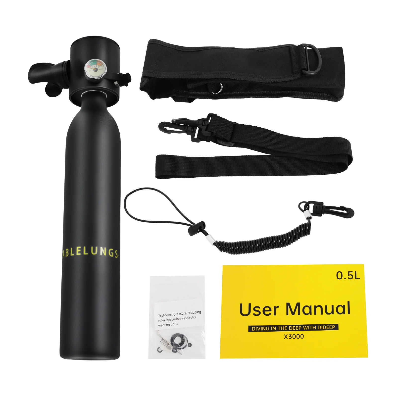 Portable 0.5L Diving Bottle with Gauge, Lightweight 2.2lbs, 5-10 Min Underwater, for Snorkeling Fishing Holiday, Backup Gas Cylinder for Divers (3000PSI/Black) view 8