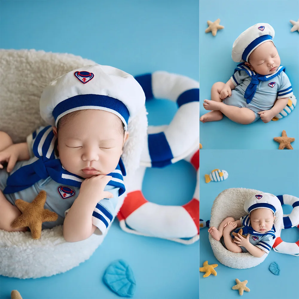

Newborn Photography Props Nautical Theme Baby Sailor Costume Outfit Starfish+shell+life Ring for Studio Photo Scene Decor Props