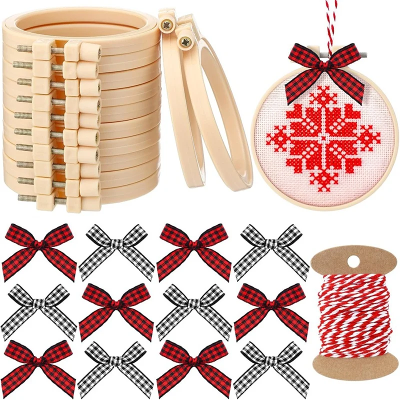 25Pcs Christmas Embroidery Kit DIY Christmas Decorations Kit Embroidery Hoop Bamboo Hoop, Bowknot, Cotton Rope For DIY