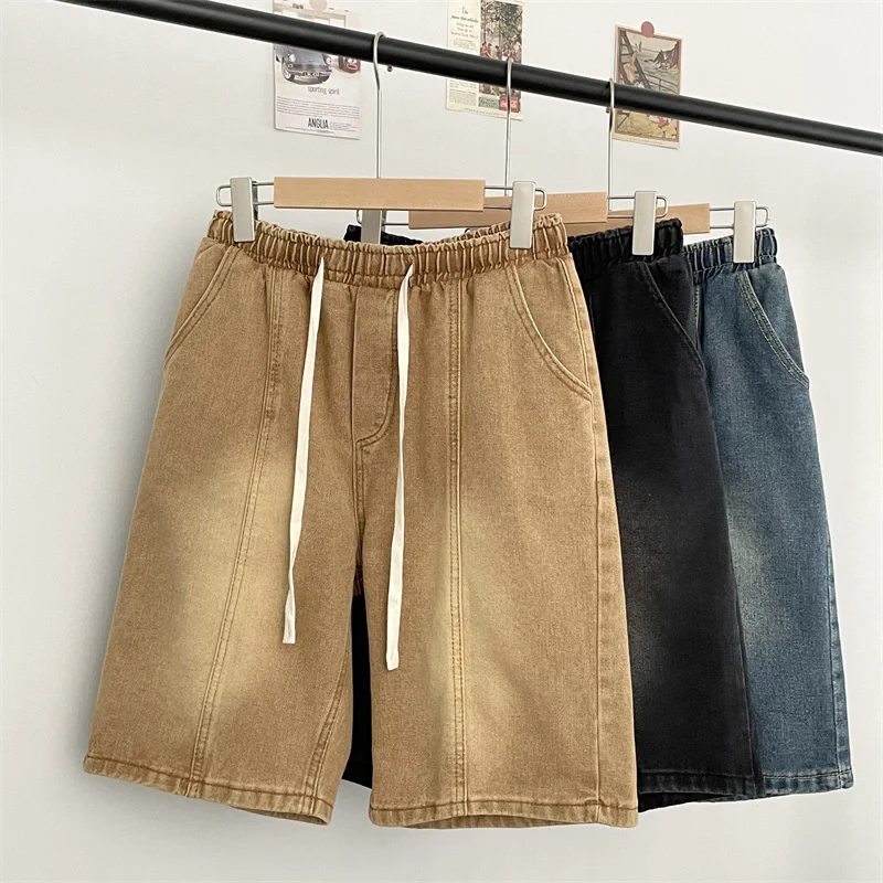 

American Style Street Retro Drawstring Elastic Waist Jeans Shorts Men Loose Straight Casual Five-Point Mid-Pants
