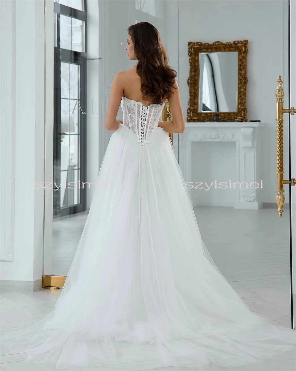 Customized Strapless Tull Wedding Dress Sleeveless A-line Backless Corset Bridal Dresses For Wedding vestidos de novia