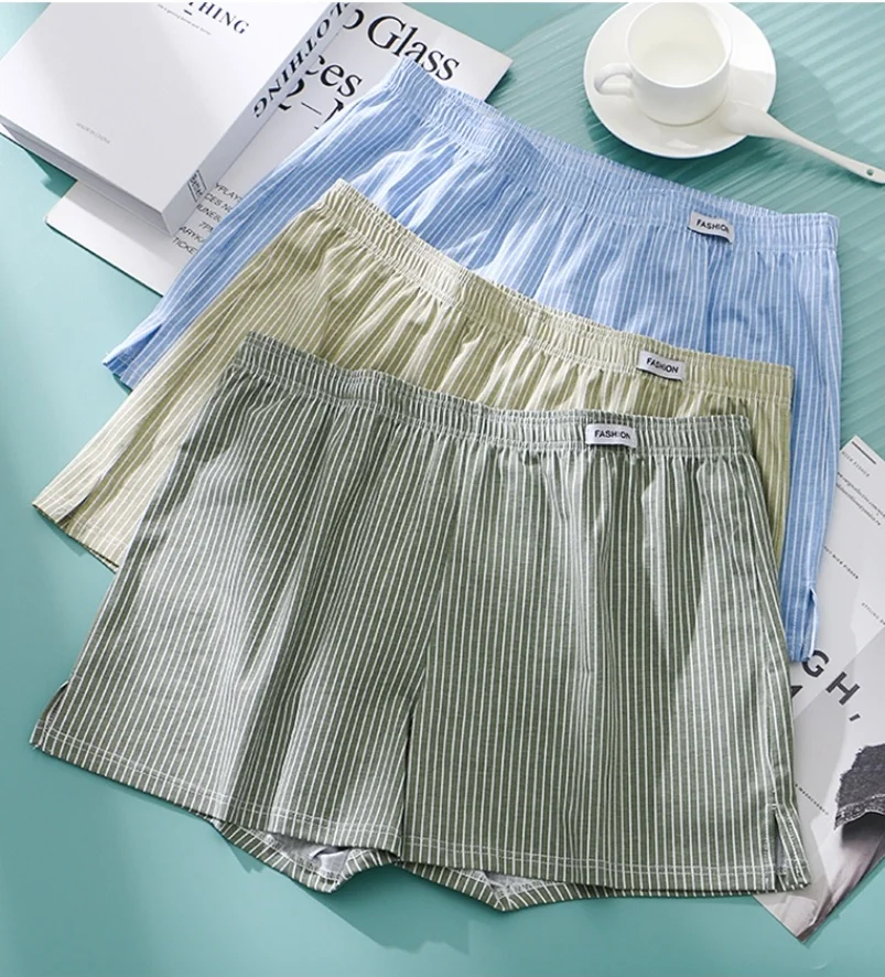 3 Pack Men's Cotton Boxer Shorts - Breathable Loose Striped 4-Corner Underwear for Youth - Versatile for Outdoor & Sports Wear