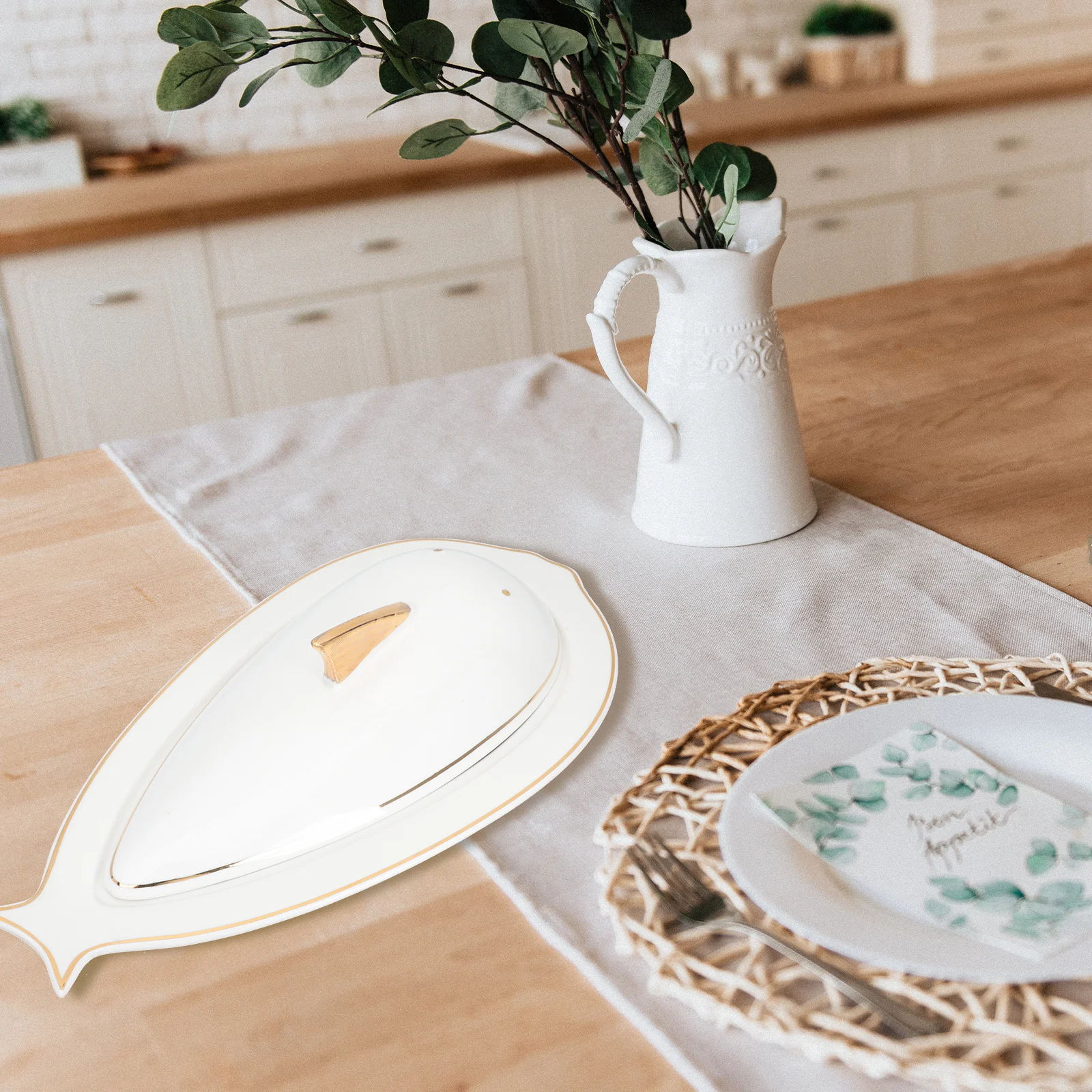 

1Set Gold Trim Ceramic Fish Serving Plate Decorative Seafood Holder Kitchen Tableware for Restaurant Home Ceramic Fish Plate
