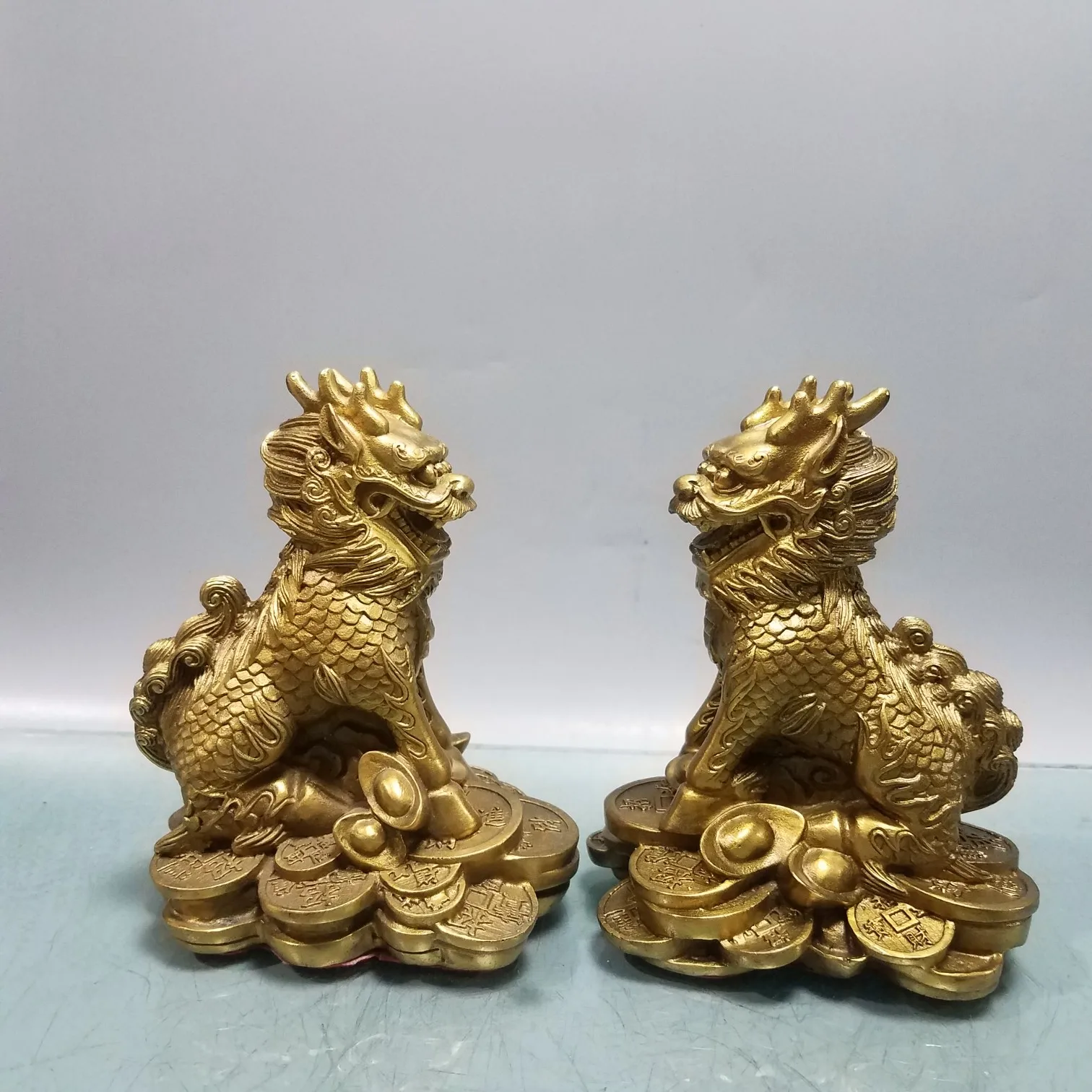 

6"Tibetan Temple Collection Old Brass Unicorn Statue Kirin A Pair Ingots Coin Gather fortune ornament Town house Exorcism