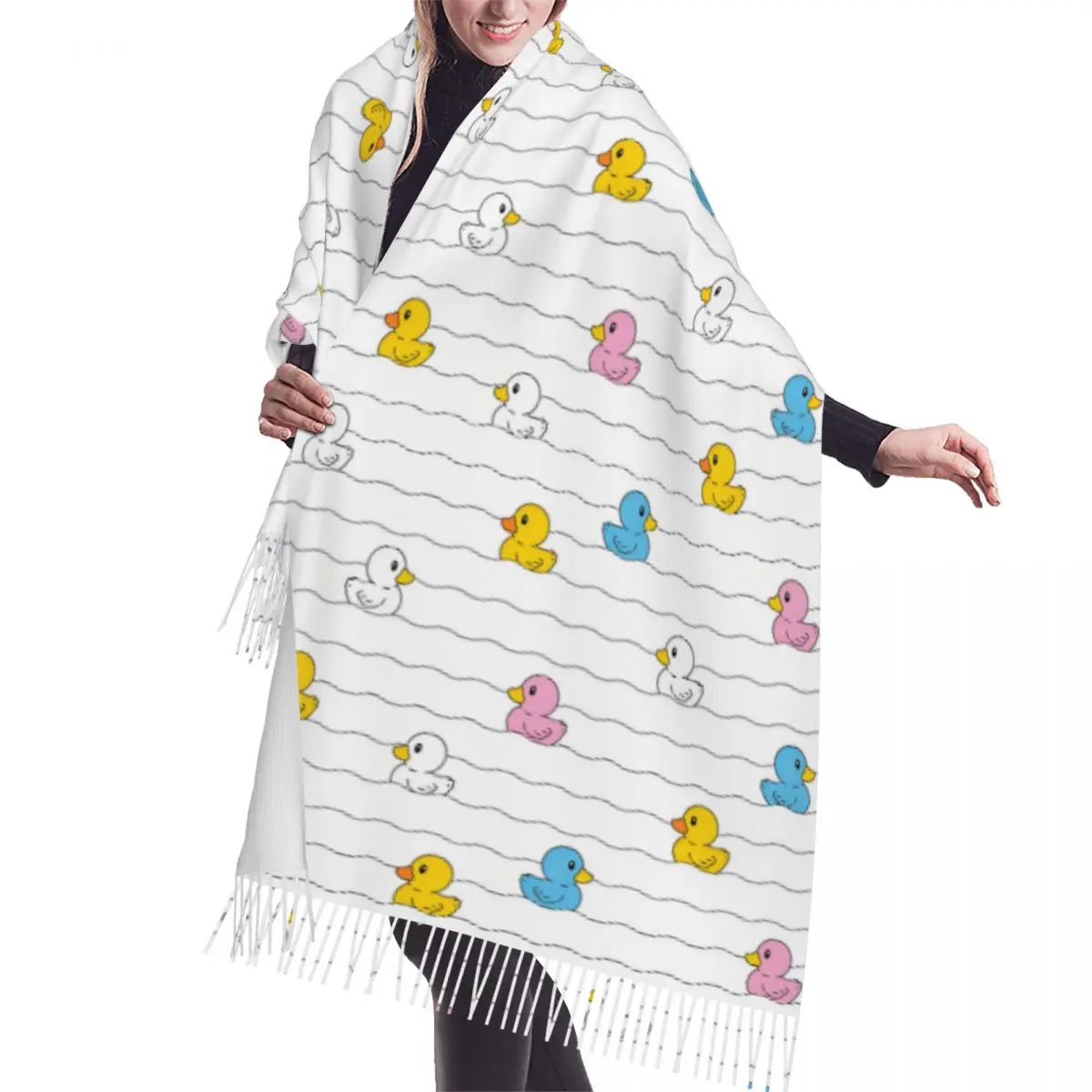 

Custom Lady Long Cartoon Duck Swimming Wave Pattern Scarves Women Winter Thick Warm Tassel Shawl Wraps Scarf