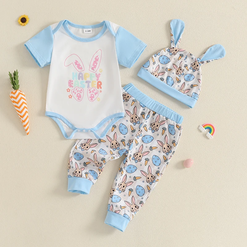 

2024-12-11 Lioraitiin Baby Boy Easter Outfits Short Sleeve Letter Romper with Bunny Egg Pattern Pants and Hat 3Pcs Set