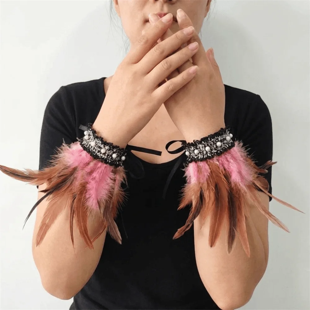 Vintage Lace Feather Wrist Cuffs Adjustable Pearl Halloween Arm Cuff Fluffy Gloves Wristband Cosplay