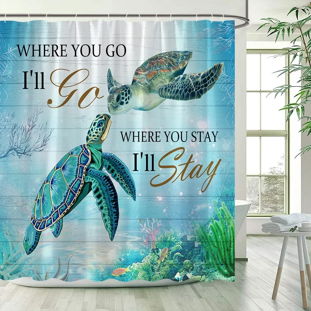 Sea Turtle Shower Curtains Ocean Animals Seaweed Vintage Nautical Map Modern Polyester Fabric Bathroom Curtain Decor with Hooks