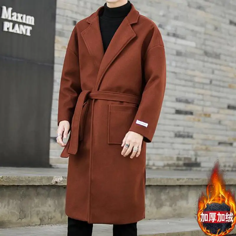 

Elegant Overcoats With Belt 2022 Thickened Medium Long Woolen Coats For Men Korean Fashion Windbreaker Loose Trench Coats Brown