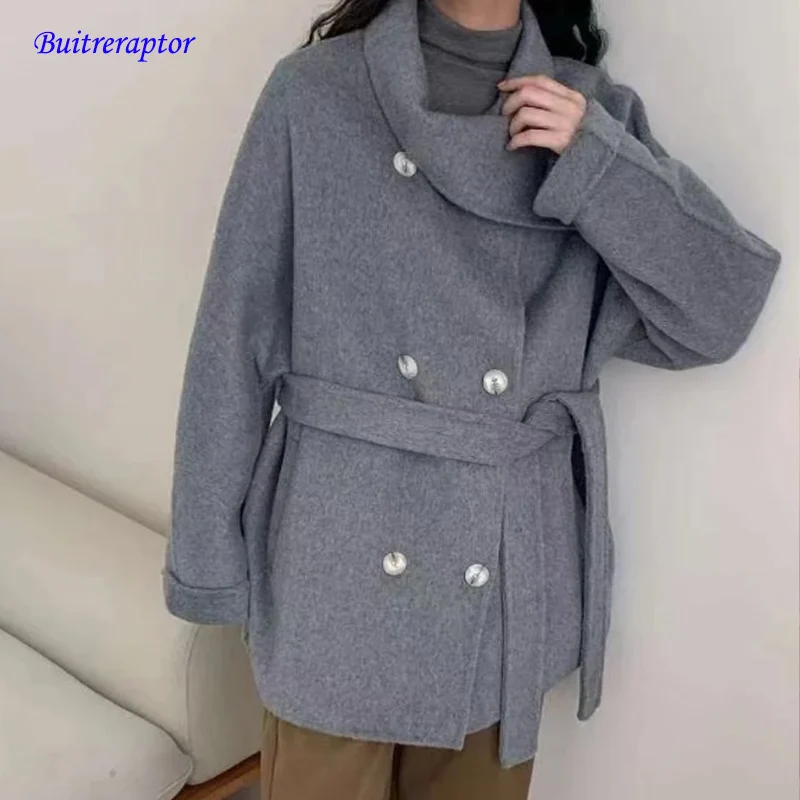

2024 Autumn/Winter New Scarf Collar Double sided Cashmere Coat Women's Medium to Long Loose Small Wool Coat Buitreraptor