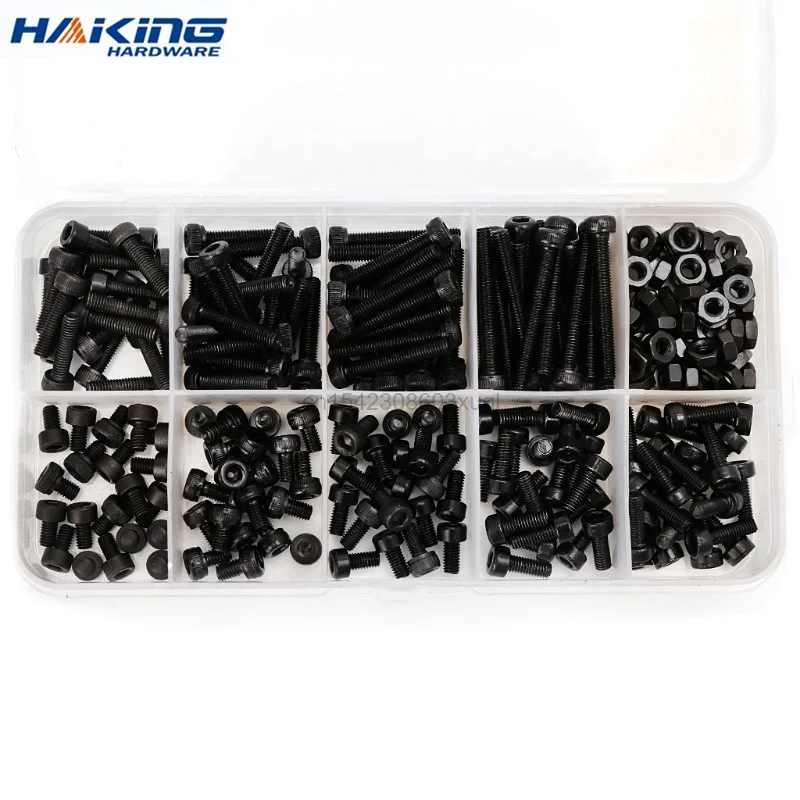 

300pcs/set Black Din912 M2 M2.5 M3 Allen Bolt Hex Socket Round Cap Head Screw And Nut Assortment Kit Set