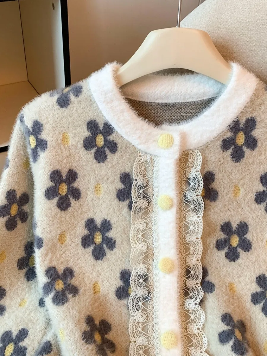 Miękki kardigan damski z dzianiny z aksamitu norek w delikatnych kolorach, słodki sweter na jesień i zimę, oryginalny projekt, luźny krój, nadruk...
