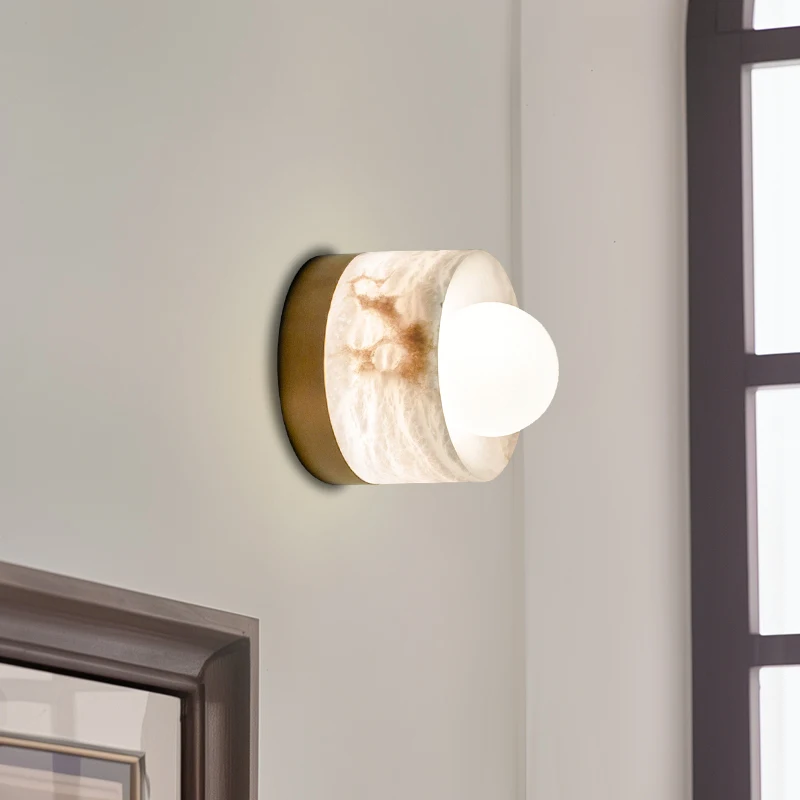 

Spain Natural Marble Rotundity LED Wall Lamps White Glass Ball Light Living Room Bedroom Restaurant Kitchen Copper Base Sconces