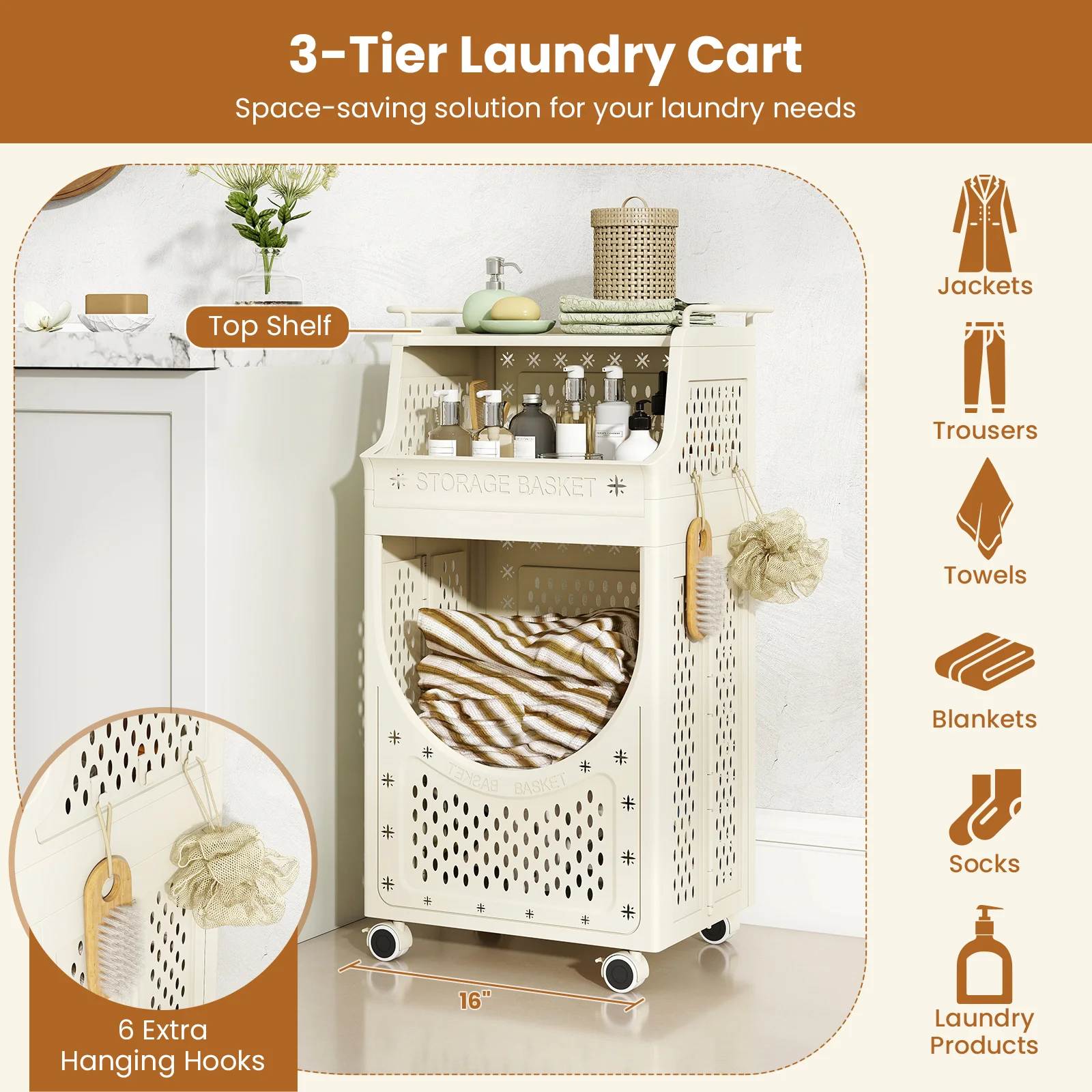 

Laundry Cart with Hanging Rod, Foldable Laundry Basket with Lockable Wheels and 8 Hooks, Space-saving Rolling Multi-purpose Cart