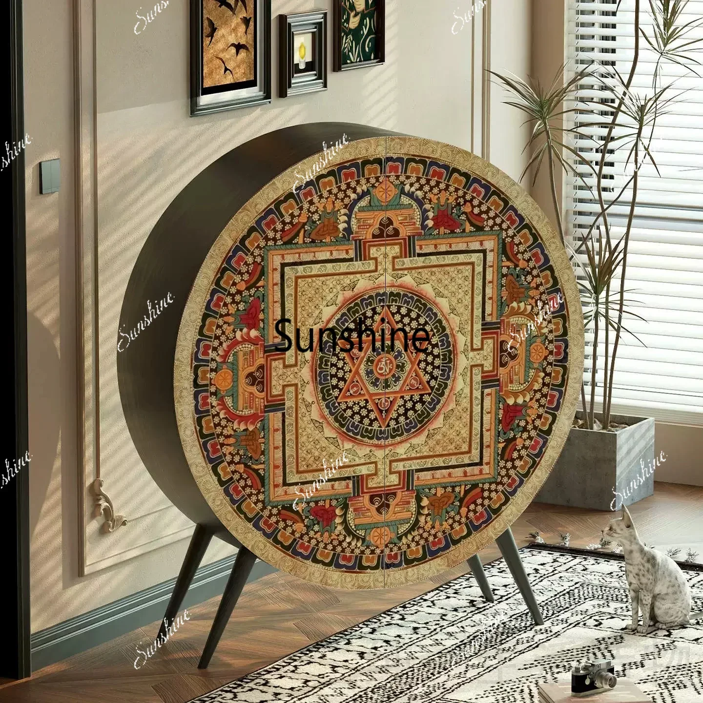 American round solid wood entrance cabinet, living room wall decorative cabinet