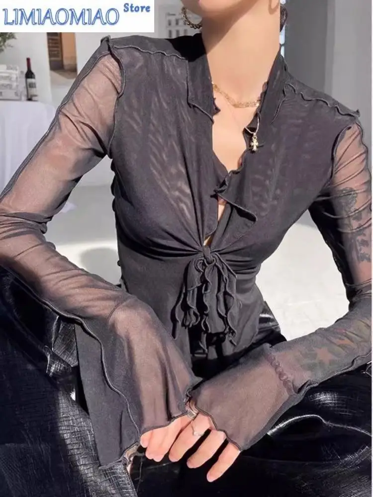 

Sexy See-through Mesh Long Sleeve Shirt Women Cardigan T-shirt Bandage Flare Sleeve Slim Y2k Crop Top Streetwear Chic Pink Black