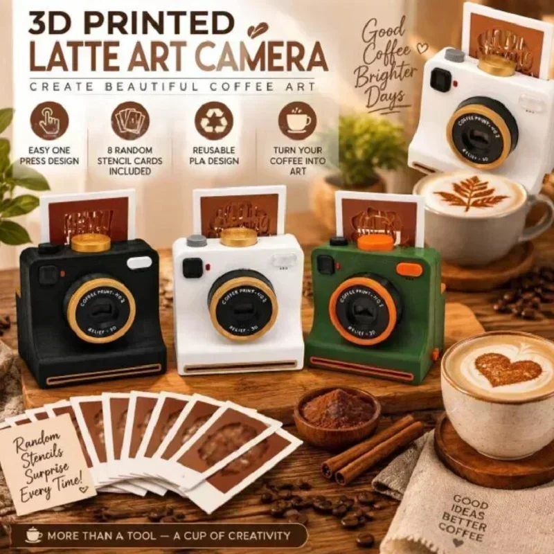 3D Printed Funny Coffee Latte Camera Replaceable* Cards One Touch Press DIY Latte Art Camera Tool Vintage Look Included Stencils